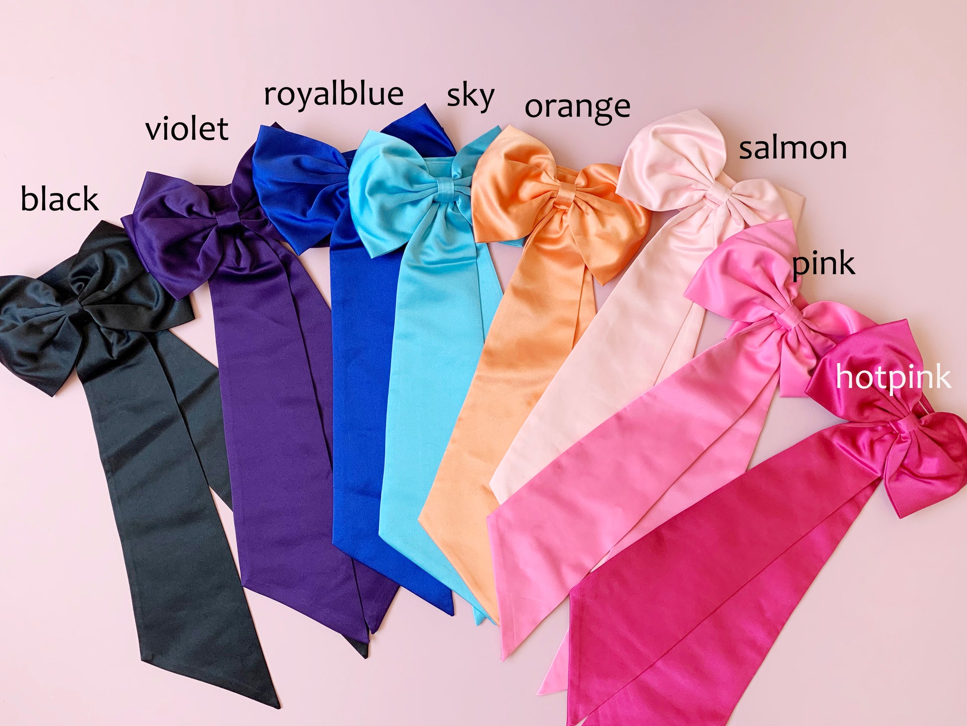 Flower Girl Adjustable Big Bow Satin Belt | Kid Ribbon Sash | 13 Colors Available - multiple bow ribbon sashes side by side. Black, violet, royal blue, sky, orange, salmon, pink, hot pink.