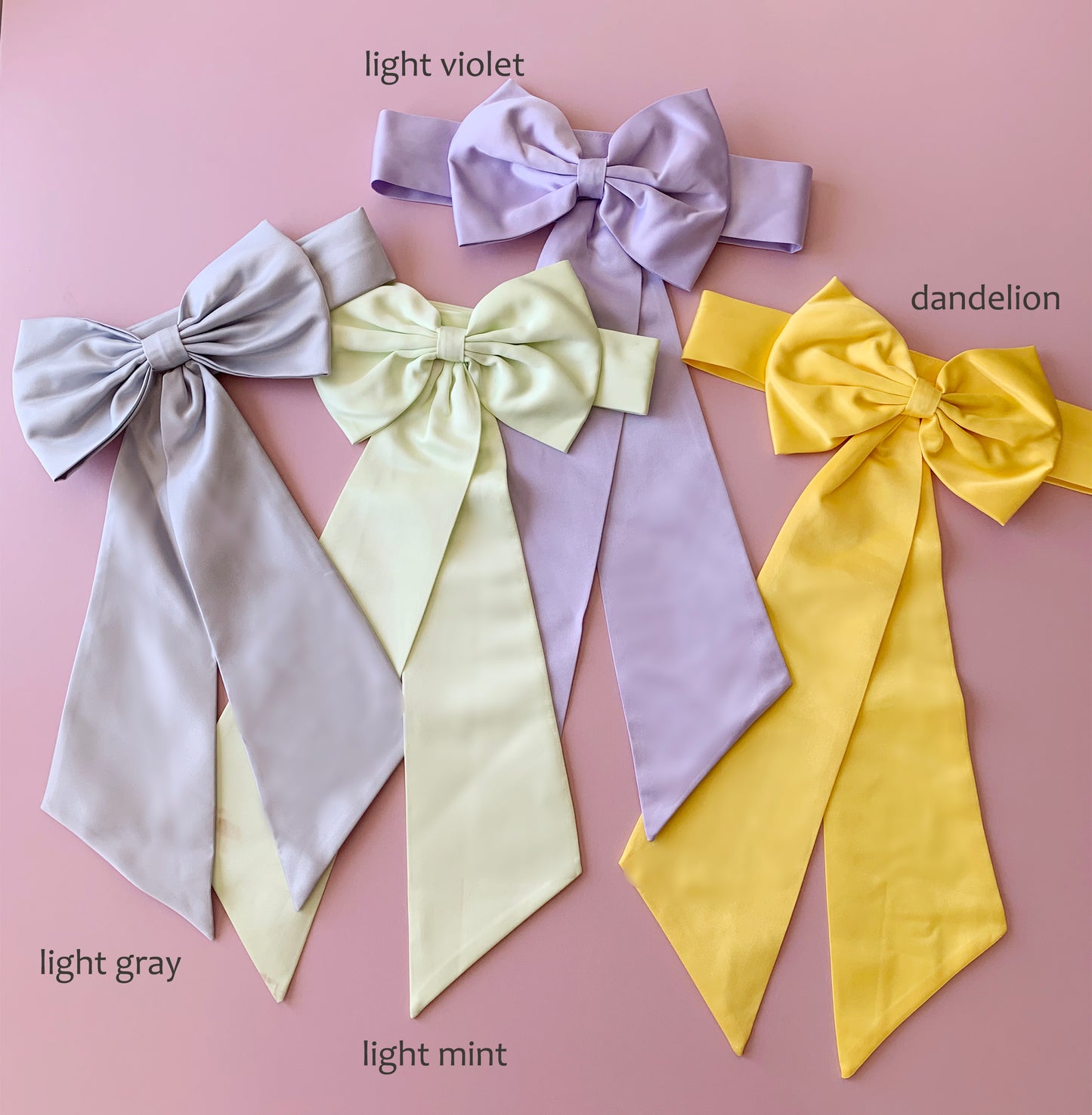 Flower Girl Adjustable Big Bow Satin Belt | Kid Ribbon Sash | 13 Colors Available - 4 different color bow sashes side by side. Light gray, light violet, light mint, dandelion colors.