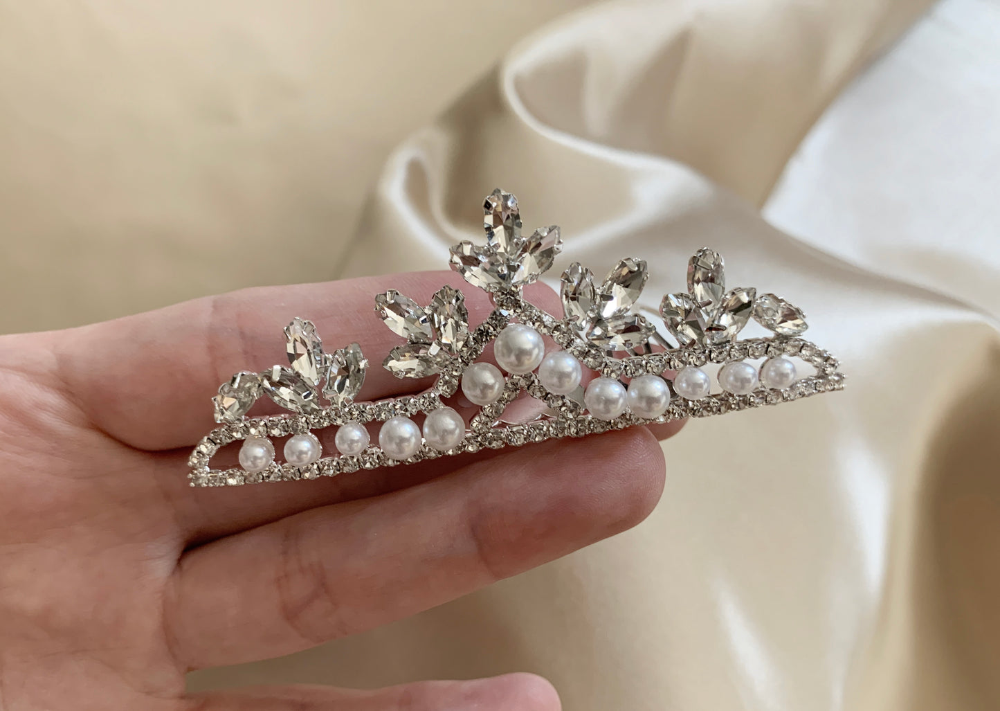 Mini Flower Girl Pearl Rhinestone Crystal Tiara | First Communion Headpiece Comb - holding headpiece in hand