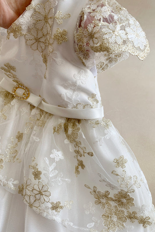 White lace dress with gold embroidery on a beige background