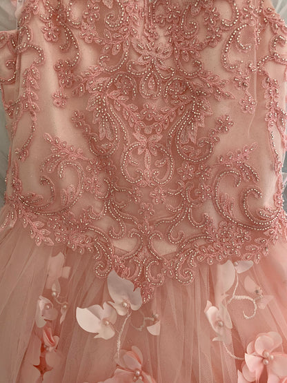 Blush Quinceanera | Elegant 3D Stone & Pearl Embellishments, Floral Appliques Ball Gown with Detachable Cape - zoomed in view of dress detailing pattern