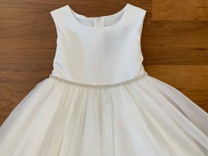 Dainty Pearl Satin and Tulle Classic Flower Girl Dress Zoom Front View