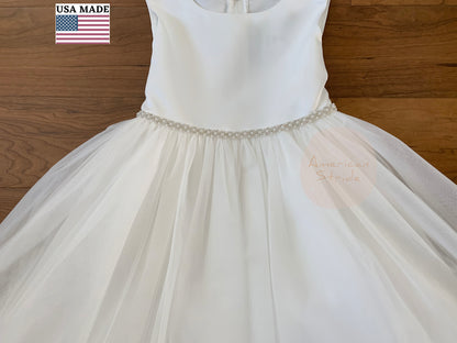 Dainty Pearl Satin and Tulle Classic Flower Girl Dress Zoom Sash View