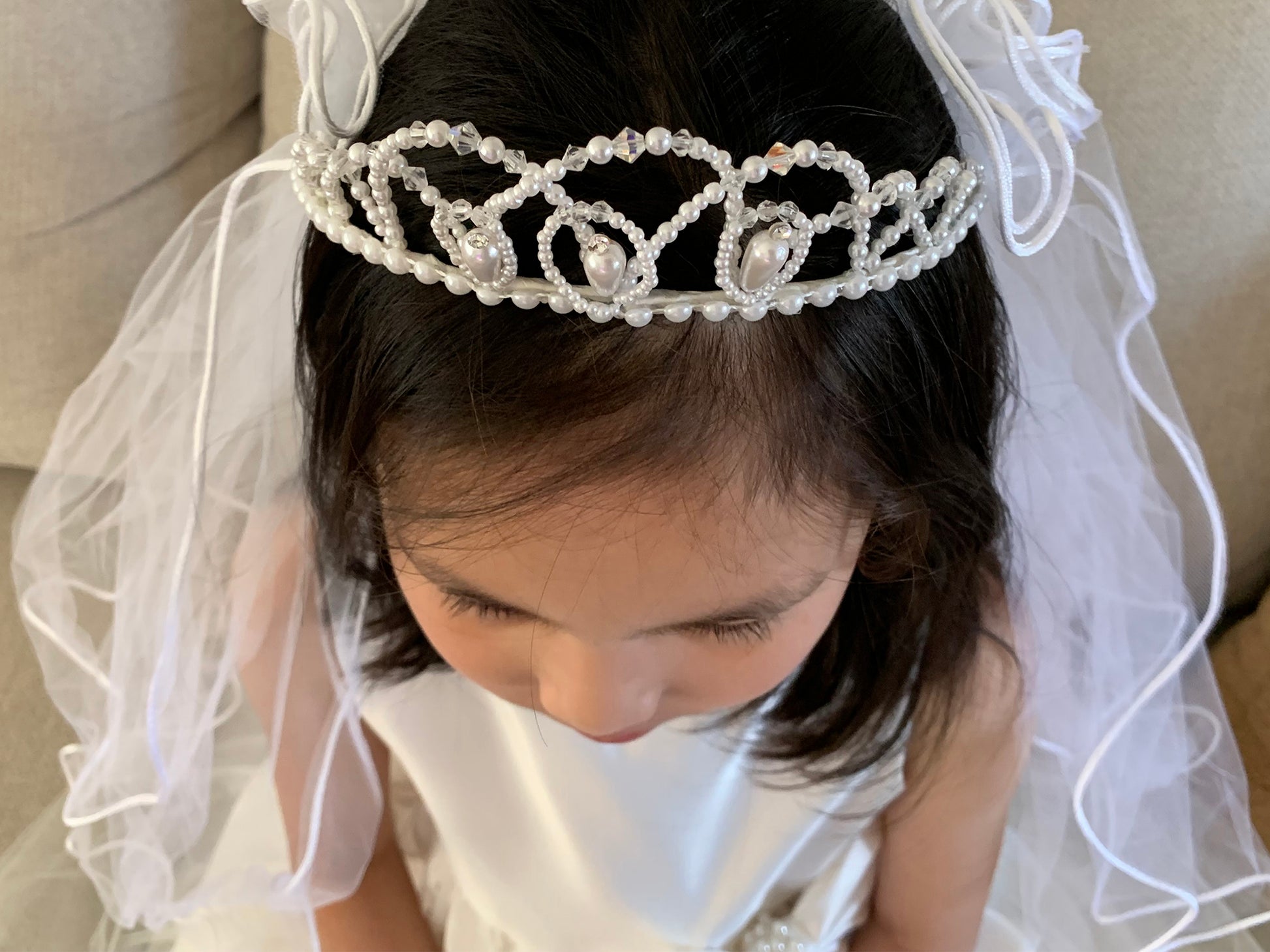 USA Made | Handmade Pearl and Rhinestone Tiara with 2-Tiered Veil | Flower Girl | First Communion front zoom