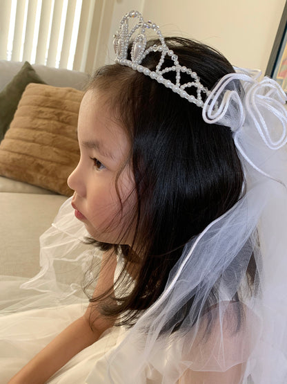 USA Made | Handmade Pearl and Rhinestone Tiara with 2-Tiered Veil | Flower Girl | First Communion side zoom