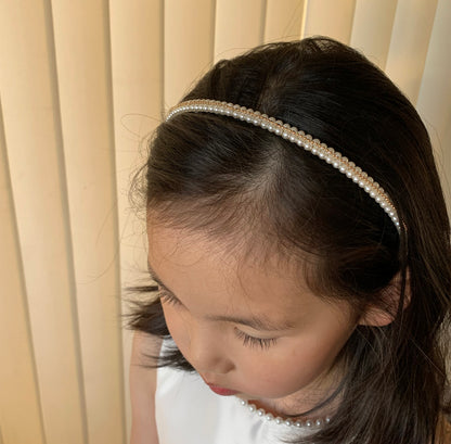 Pearl and Gold ball Flower Girl Wedding Headband - girl wearing headband