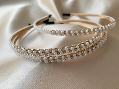 Pearl Rhinestone Flower Girl Kid Headband - 3 headbands stacked on top of each other