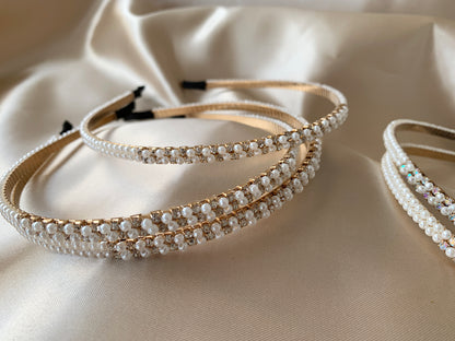 Pearl Rhinestone Flower Girl Kid Headband - 3 headbands stacked on top of one another with 2 more headbands on the side