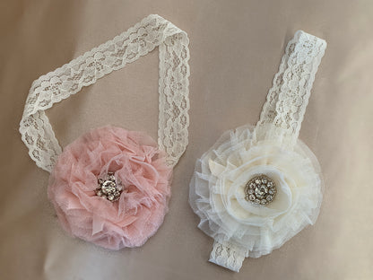 Baby Super Soft Handmade Flower Headband - view of white and pink headbands sitting next to each other