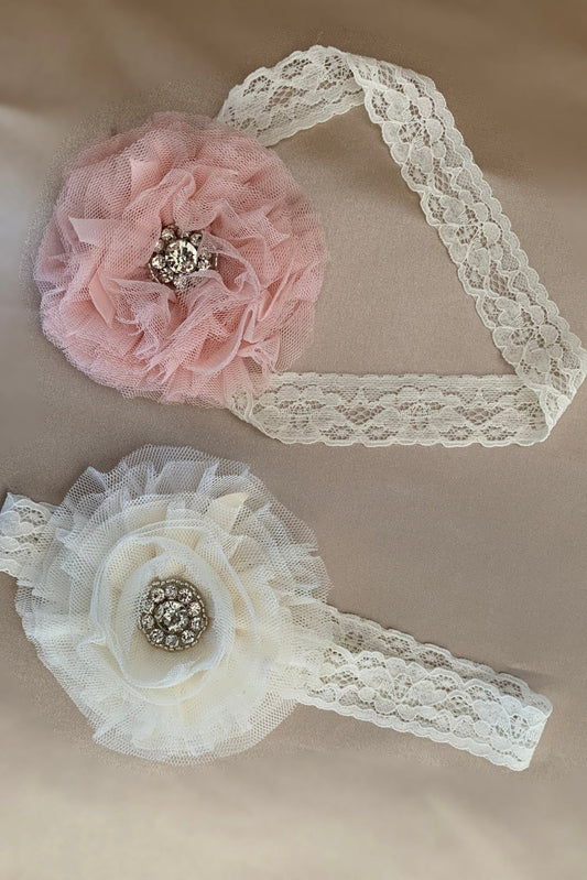 Baby Super Soft Handmade Flower Headband - view of white and pink headbands sitting next to each other