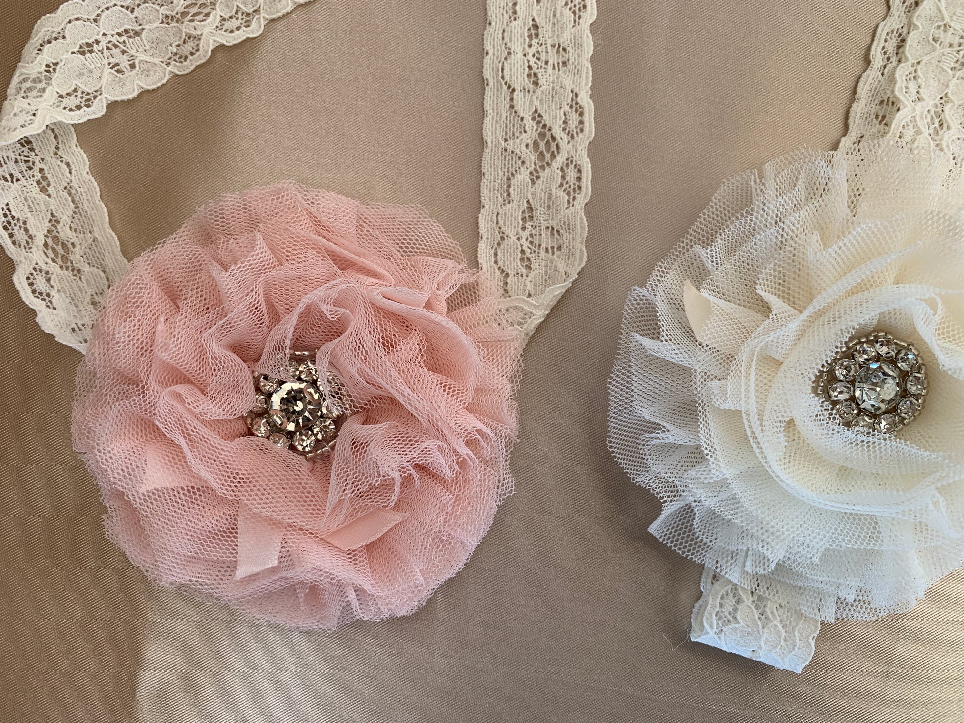 Baby Super Soft Handmade Flower Headband - pink and white headbands side by side