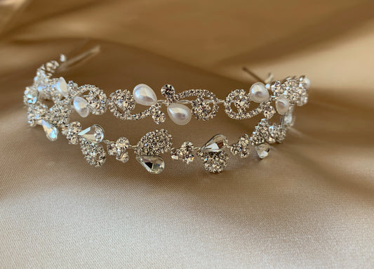 Bridal Crystal and Pearl Headband | Wedding Headpiece | Bridal Rhinestone Headband double row