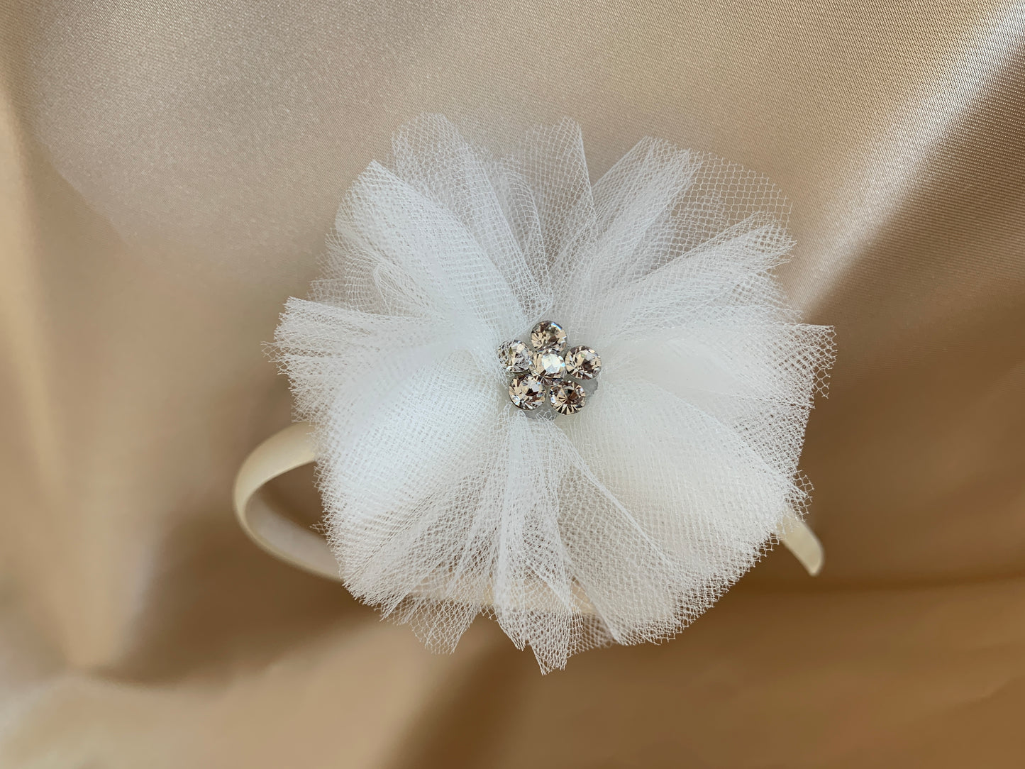 Handmade Large Chiffon Rhinestone Flower Girl Headband - zoomed in view