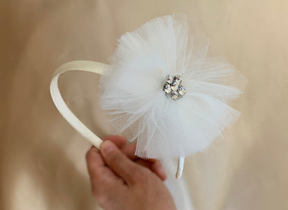 Handmade Large Chiffon Rhinestone Flower Girl Headband - Hand holding headband