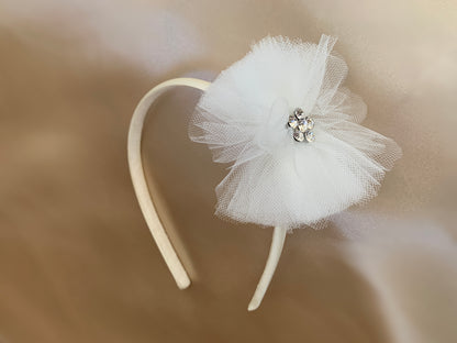 Handmade Large Chiffon Rhinestone Flower Girl Headband - view of headband on side