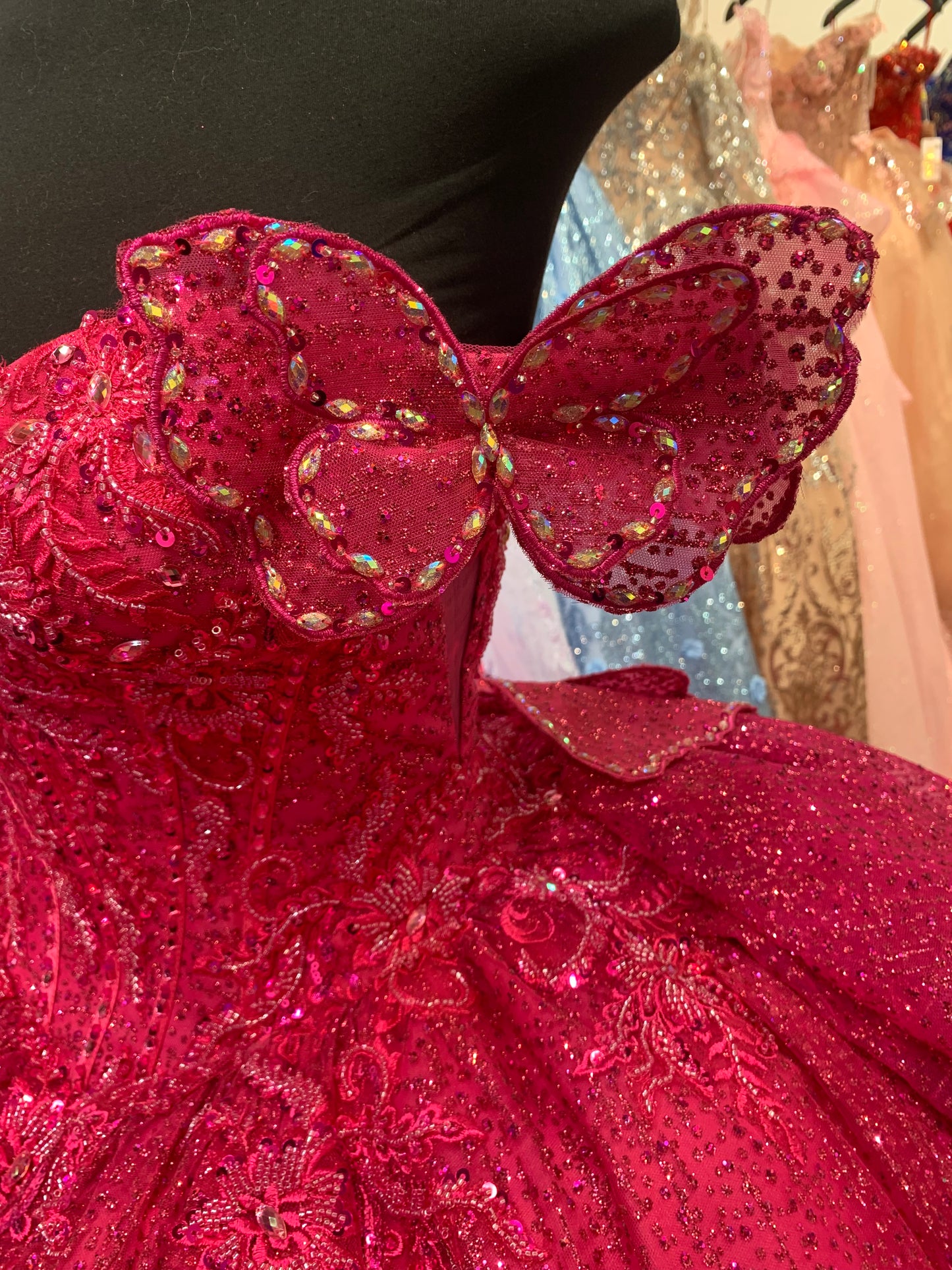 Quinceañera | Fuchsia Off-Shoulder Beaded Bodice with Crafted Lace Butterfly, Floral Appliqué Sweet 15 Ballgown | Martina J dress | 8 Colors Available butterfly zoom