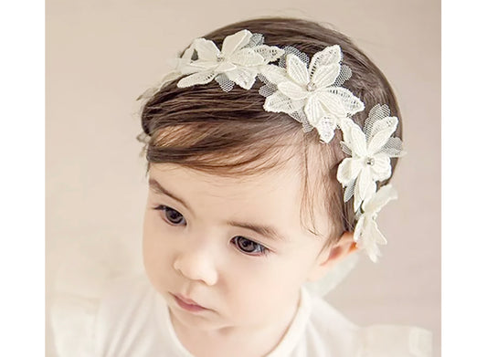 Handmade Baby Rhinestone Flower Off-white Headband - headband on toddler's head