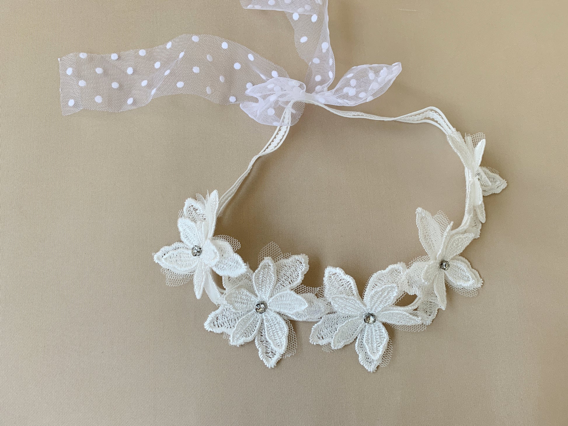 Handmade Baby Rhinestone Flower Off-white Headband - showcasing flower pattern of headband