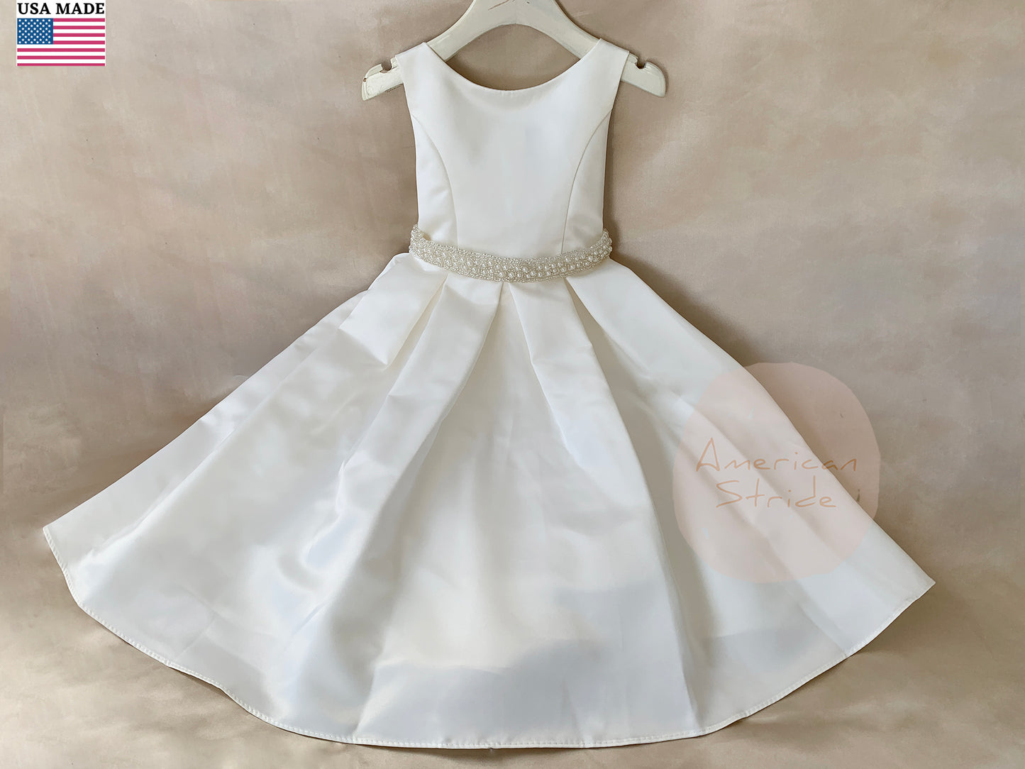 USA Made | Fully Satin Flower Girl Dress w/ Detachable Handmade Pearl belt | Baptism blessing dress - front view of dress