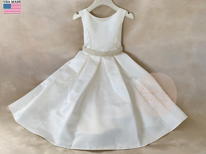 USA Made | Fully Satin Flower Girl Dress w/ Detachable Handmade Pearl belt | Baptism blessing dress - front view of dress