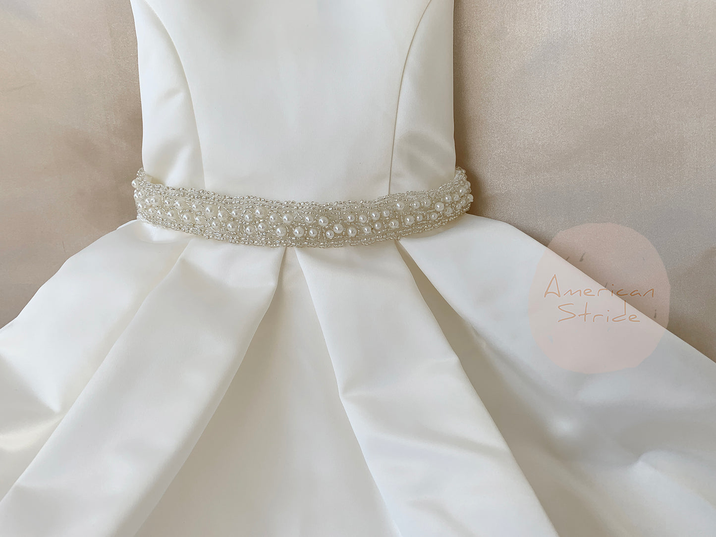 USA Made | Fully Satin Flower Girl Dress w/ Detachable Handmade Pearl belt | Baptism blessing dress - zoomed in view of pearl sash/belt