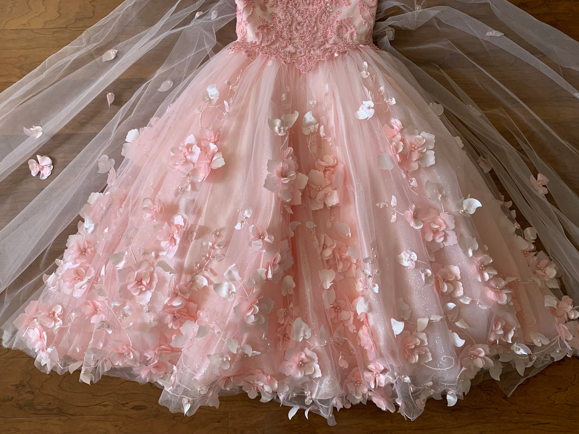 Mini Quince | Blush 3D Flower, Stone and Pearl 3 Anos Mini Quinceanera Dress with Detachable Cape | Harper dress | 4 Colors bottom