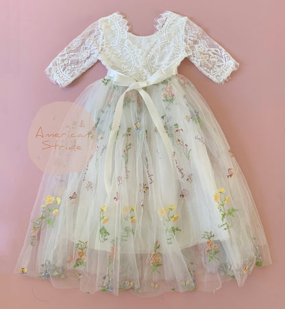 V-Back Soft Lace Top Embroidered Floral Tulle Cap Sleeves Dress | Flower Girl Dress | Special Occasion Dress - full front view of dress with bow sash