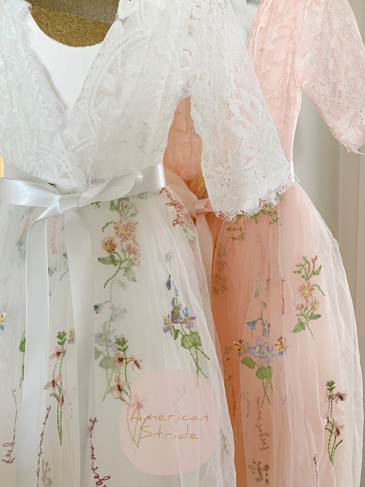 Blush V-Back Soft Lace Top Embroidered Floral Tulle Cap Sleeves Flower Girl Dress | Special Occasion Dress – Hazel Dress | Available in 4 Color
