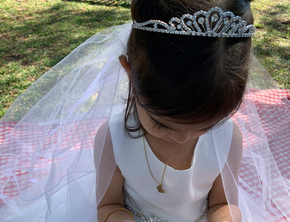 USA Made | Handmade First Communion Rhinestone Tiara with 2 Tiered Veil  girl wearing