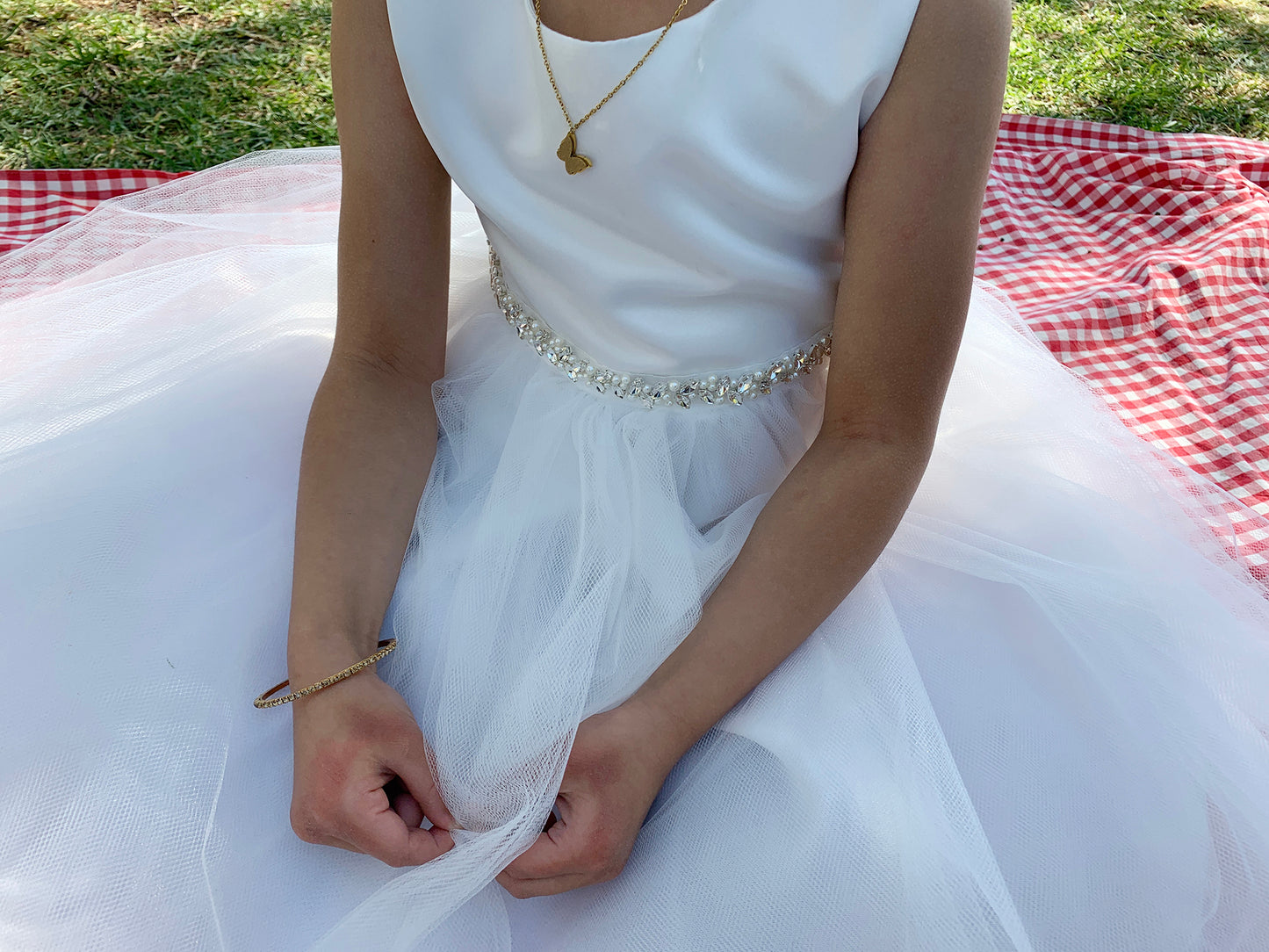 USA Made | Pearl and Rhinestone Light Ivory Flower Girl Dress | Classic Satin and Tulle Flower Girl Dress | Size 6M - Teen - zoomed in front view showcasing pearl and rhinestone belt