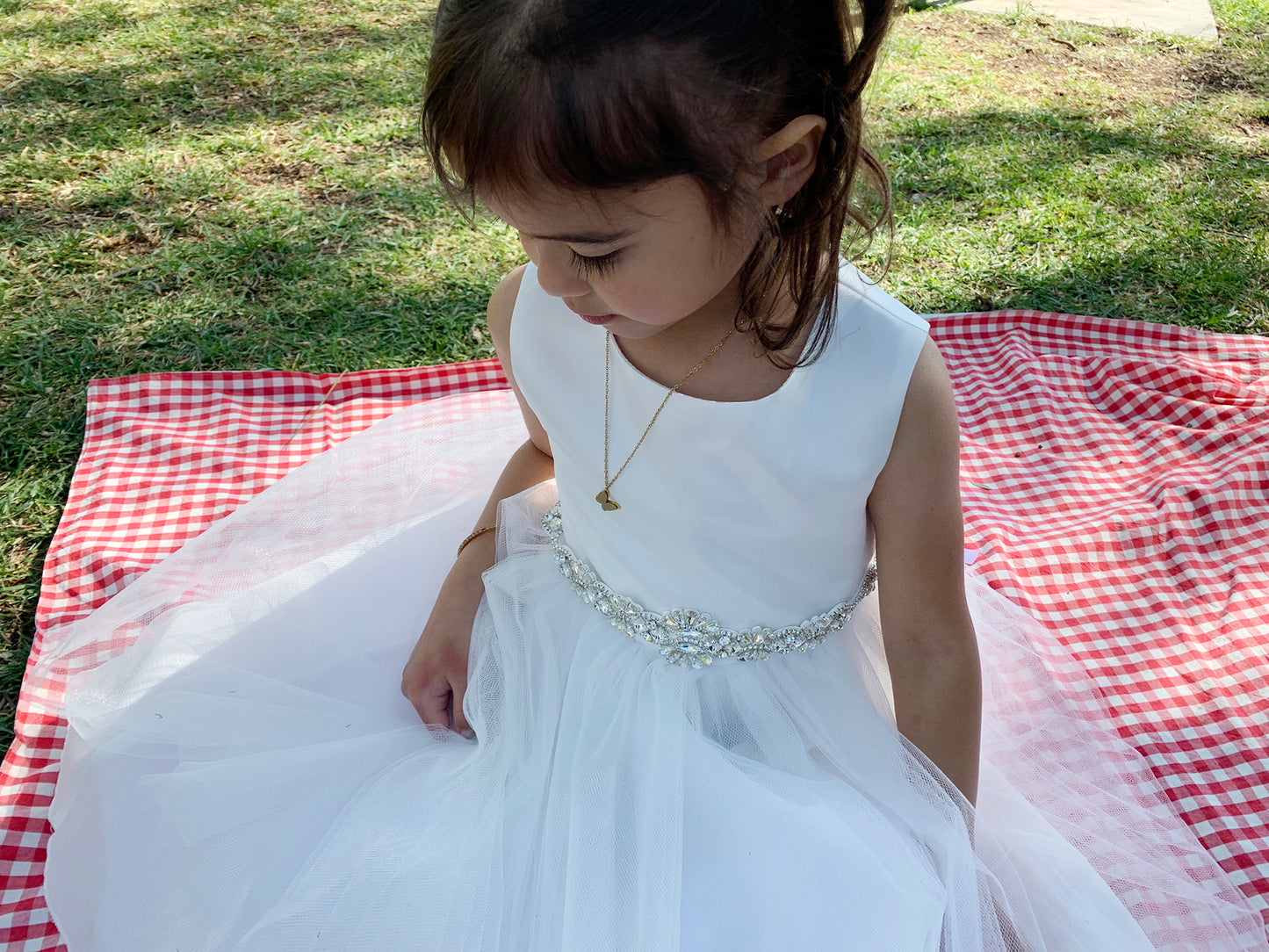 Flower Girl Dress with a detachable Rhinestone belt - girl wearing dress sitting on picnic blanket