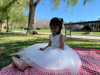 Mini Silver Rhinestone Tiara Hair Comb | Flower Girl Tiara - girl sitting on picnic blanket in the park wearing tiara