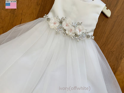 USA Made | Floral and Rhinestone Satin and Tulle Flower Girl Dress | Size 6M - Teen | Grace dress flower detail