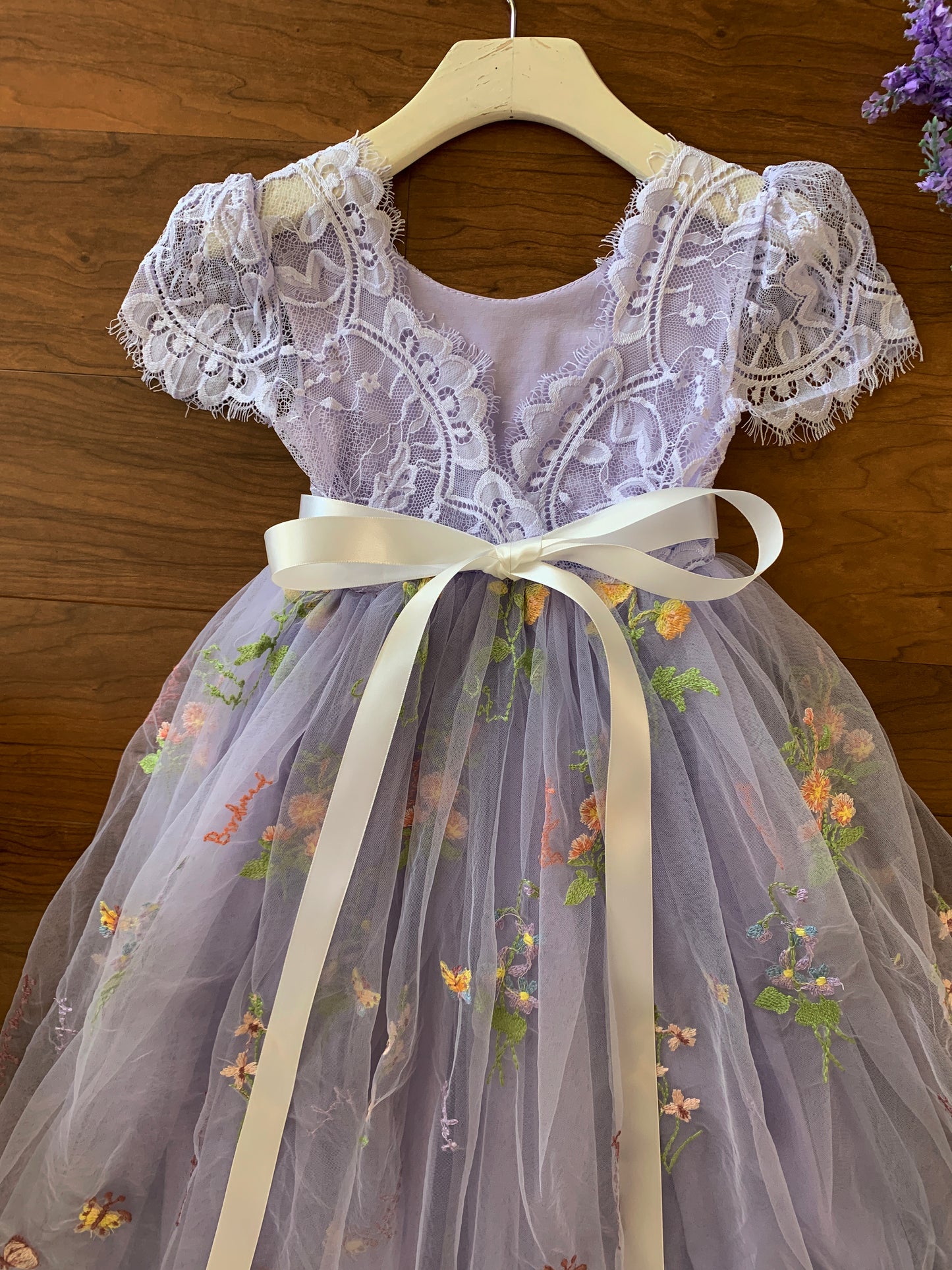 V-Back Soft Lace Top Embroidered Floral Tulle Cap Sleeves Dress | Flower Girl Dress | Special Occasion Dress - dress front view on a hanger