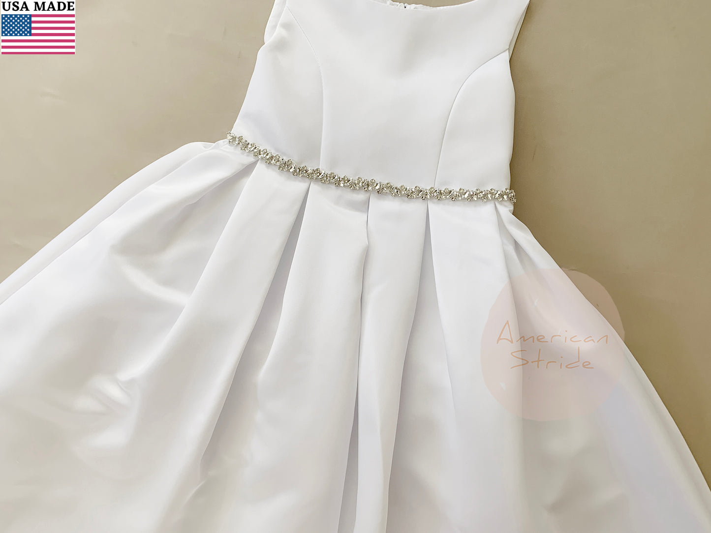 USA Made | Communion dress Fully Satin Dress with Rhinestone belt - zoomed in front view of dress with belt