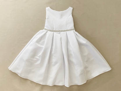 USA Made | Communion dress Fully Satin Dress with Rhinestone belt - full front view of dress with belt