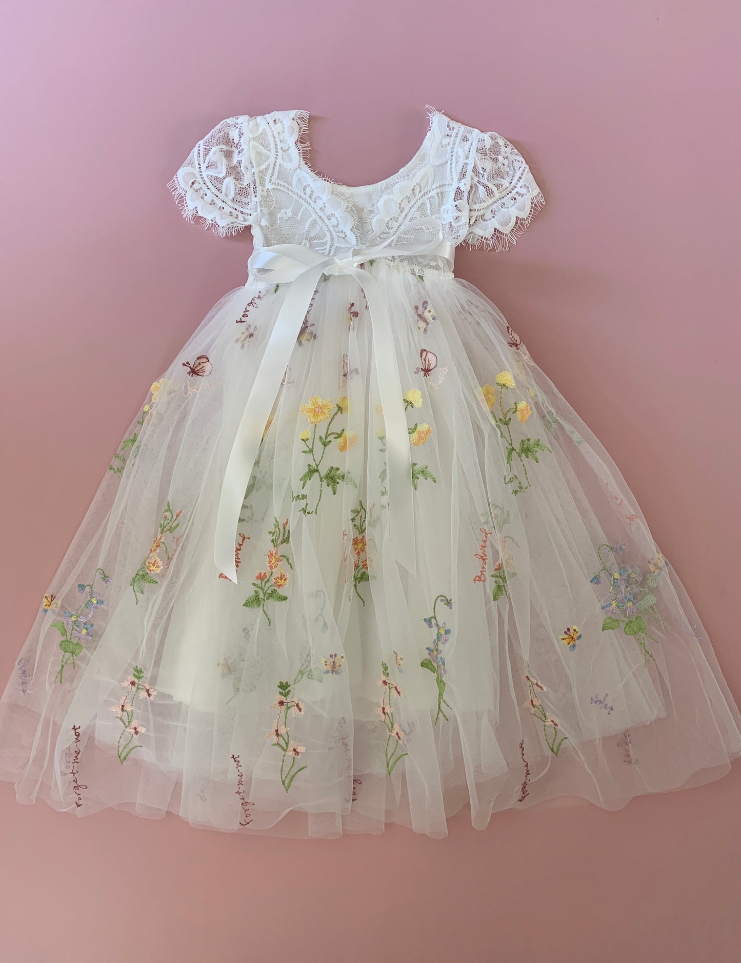 V-Back Soft Lace Top Embroidered Floral Tulle Cap Sleeves Dress | Flower Girl Dress | Special Occasion Dress - back view of dress