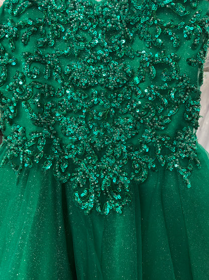 Mini Quince | Green Princess Sequin Beaded Embroidery Bodice with Glitter Tulle Skirt Kid Dress | Camila dress | 3 Colors Available detail