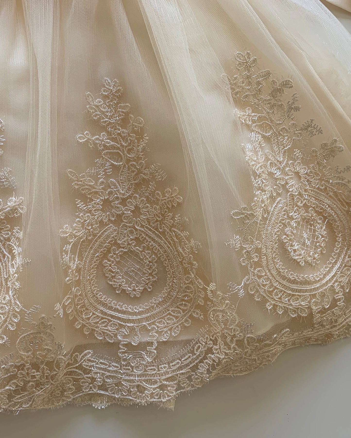 Close-up of intricate lace fabric with detailed patterns on a neutral background