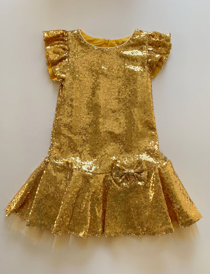 USA Made | Sequin Butterfly Ruffle sleeves Tulle Dress | Birthday Girl Dress | Perfect Party Dress - gold dress front view