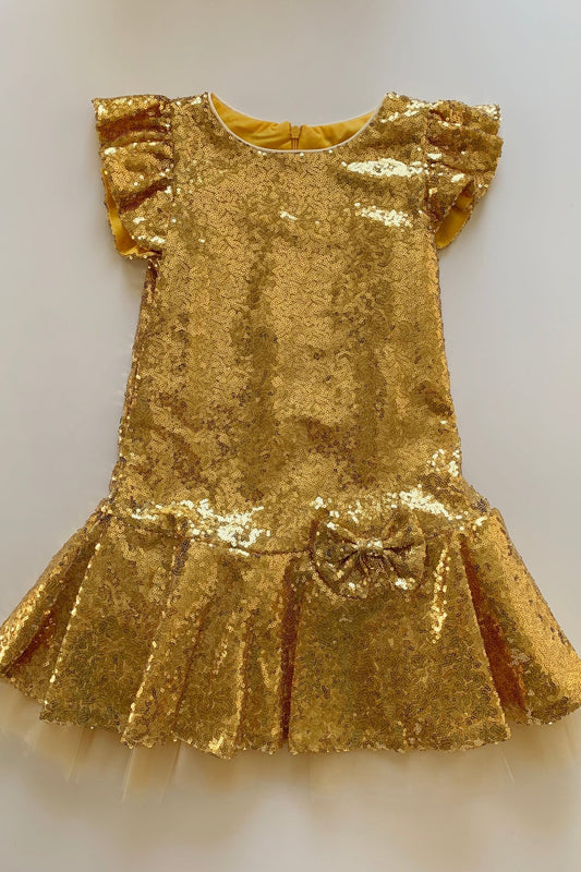 USA Made | Sequin Butterfly Ruffle sleeves Tulle Dress | Birthday Girl Dress | Perfect Party Dress - gold dress front view