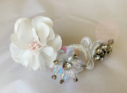 Handmade Flower Girl Floral Rhinestone beads Headband - front view