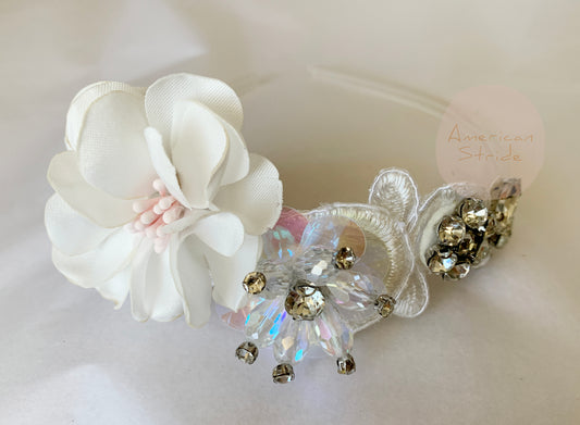 Handmade Flower Girl Floral Rhinestone beads Headband - front view