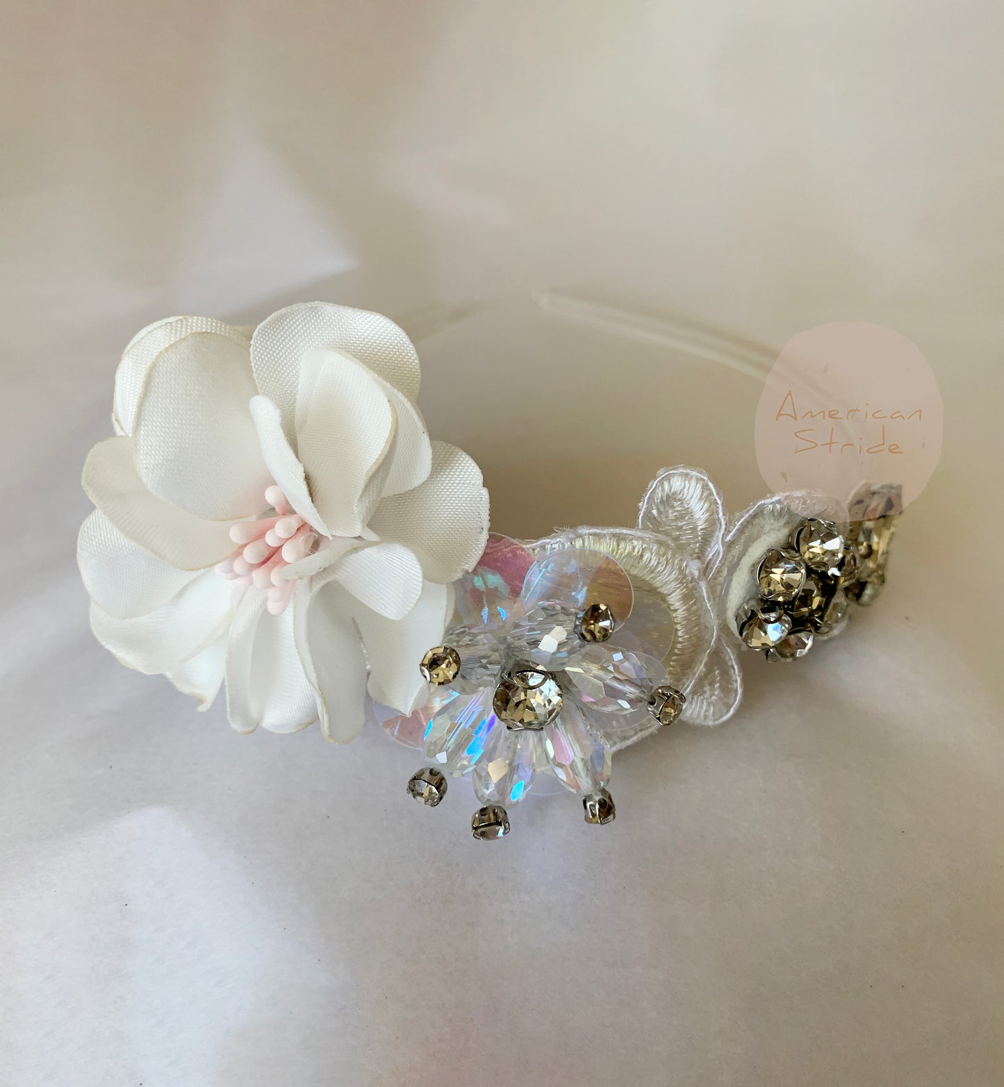 USA Made | Off-White Handmade Flower Girl Headband with Floral Rhinestone Beads | Floral Headpiece