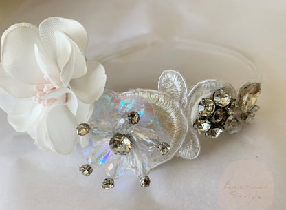 Handmade Flower Girl Floral Rhinestone beads Headband zoomed in front view of headband