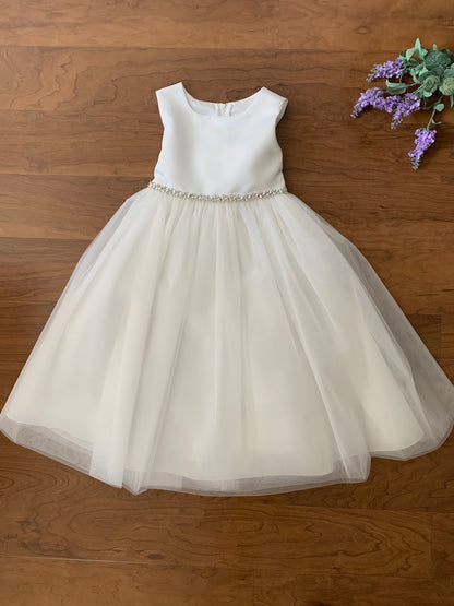 USA Made | Dainty Rhinestone Flower Girl Dress | Classic Satin and Tulle Flower Girl Dress | Size 6M - Teen - full front view of dress with purple flowers next to dress