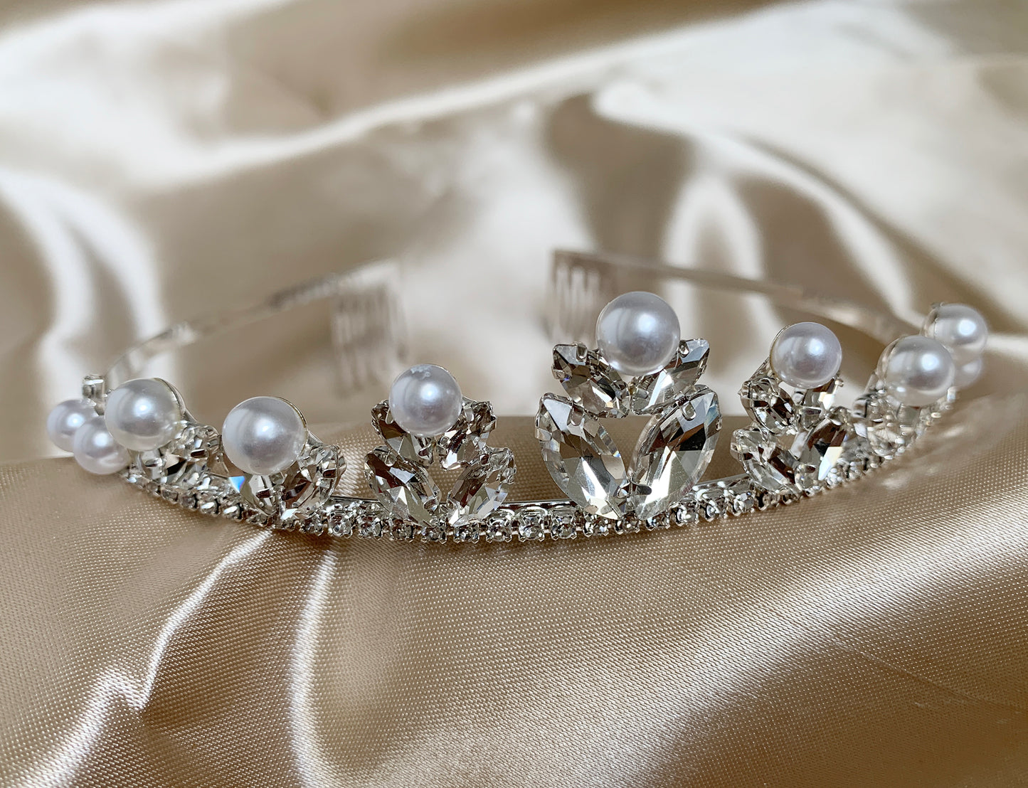 Flower Girl Big Pearl Rhinestone Crystal Tiara | First Communion Tiara | Crystal Flower Girl Headpiece - zoomed in view of pearls and crystals