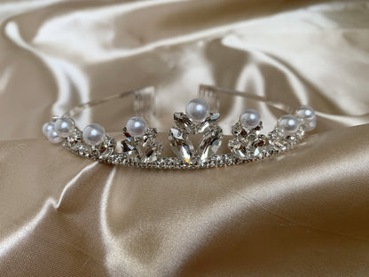 Flower Girl Big Pearl Rhinestone Crystal Tiara | First Communion Tiara | Crystal Flower Girl Headpiece - zoomed in front view