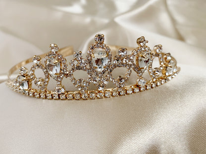 Gold Flower Girl Rhinestone Crystal Tiara | First Communion Headpiece - front detailed view zoomed in