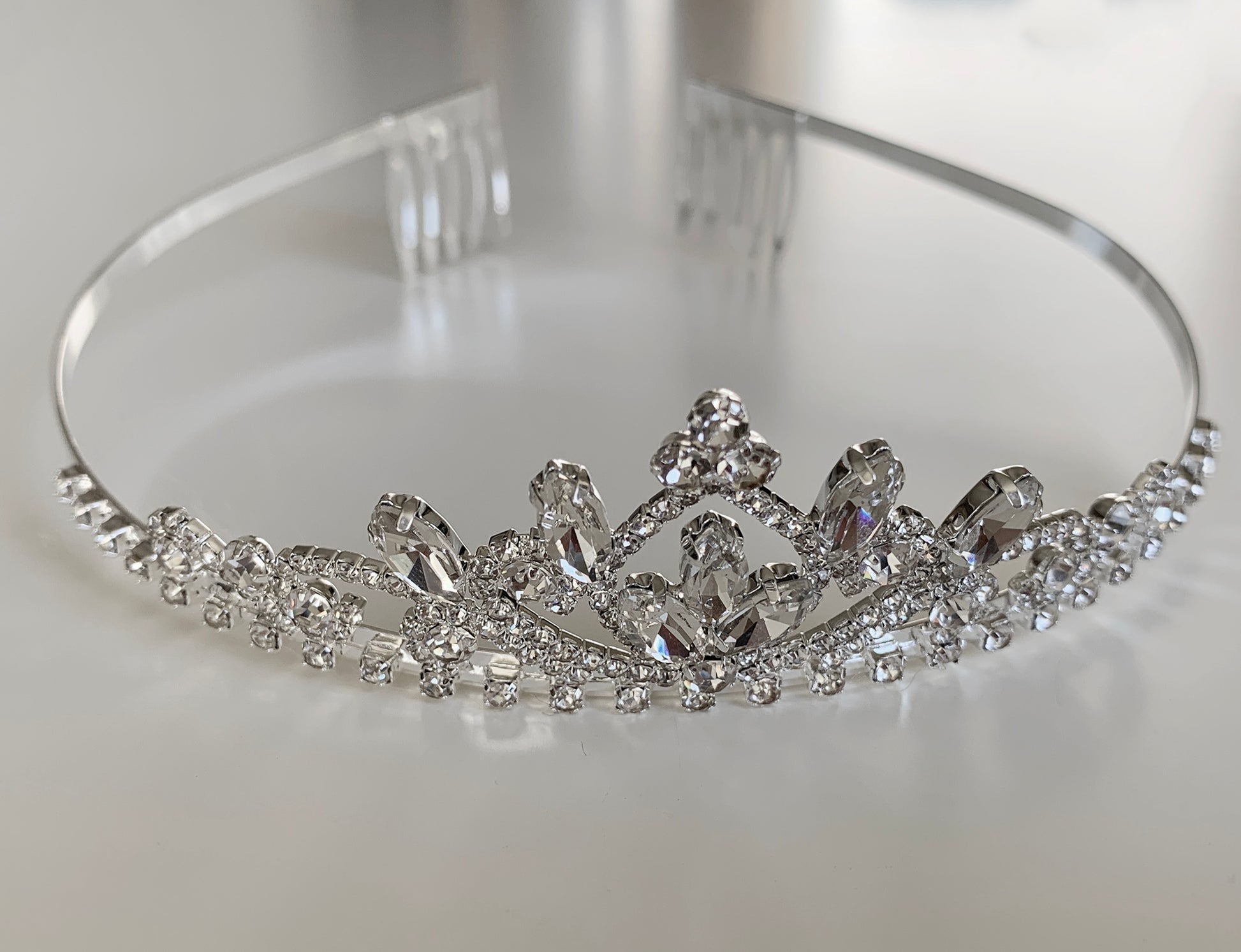 Silver Flower Girl Dainty Rhinestone Tiara | First Communion Tiara | Crystal Flower Girl Headpiece - front view of crystal headpiece